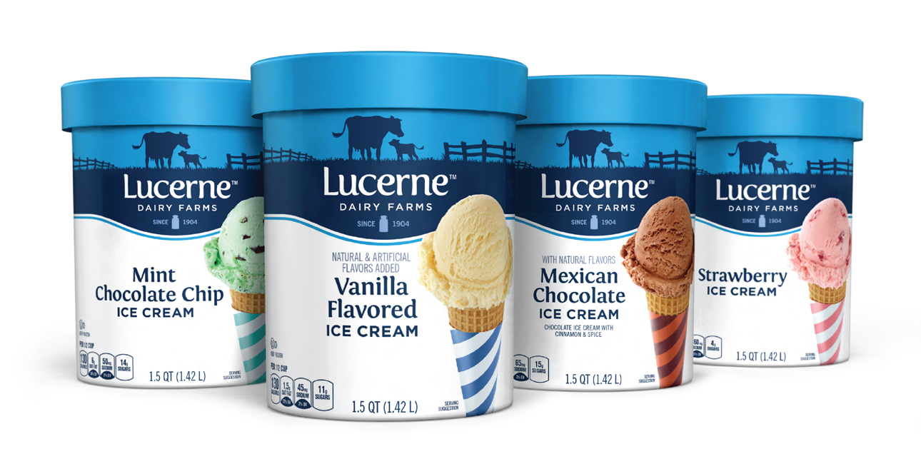 Lucerne Dairy Farms ice cream packaging lineup.